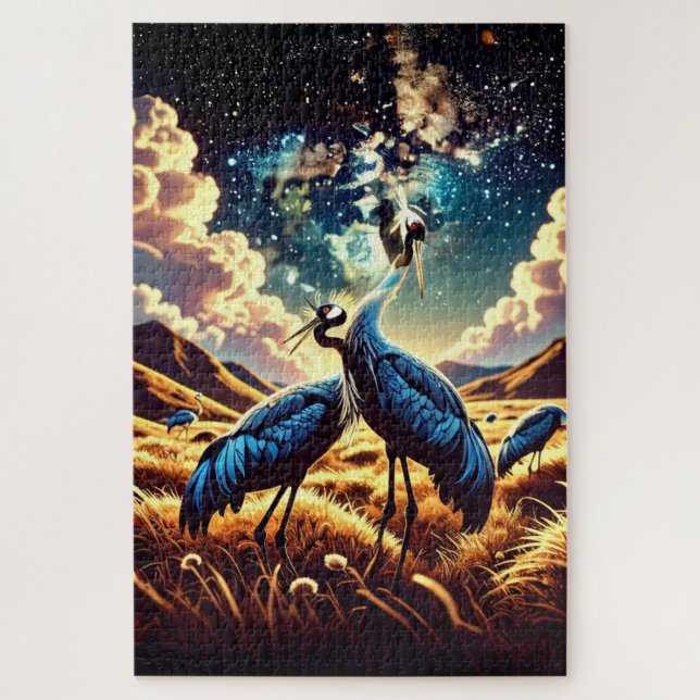 Abstract Blue Cranes – Artistic Nature Scene Jigsaw Puzzle (Vertical)