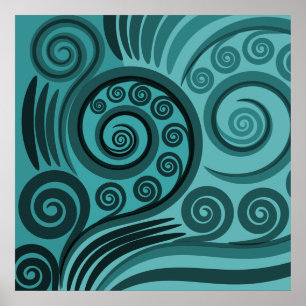 Abstract Blue Fern Frond Curls  Poster