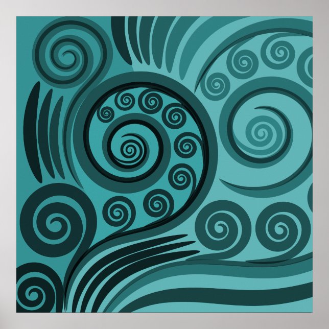 Abstract Blue Fern Frond Curls  Poster (Front)