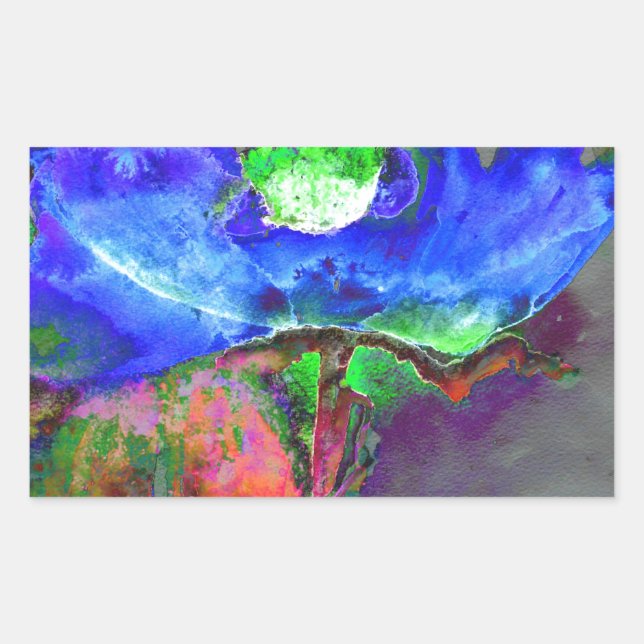 Abstract blue floral blue watercolor poppy rectangular sticker (Front)