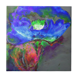 Abstract blue floral blue watercolor poppy tile