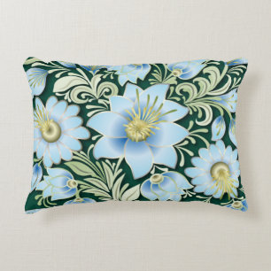 Abstract Blue Floral Ornament on Green Background  Decorative Cushion