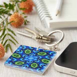 Abstract Blue Floral Pattern Key Ring