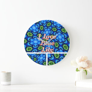 Abstract Blue Floral Pattern Large Clock