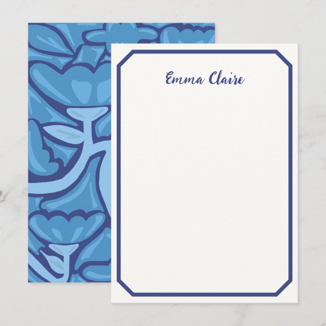 Abstract Blue Floral Patterned Note Card (Front/Back)