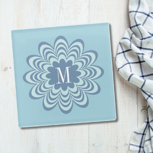 Abstract Blue Flower Custom Monogram Initial Glass Coaster