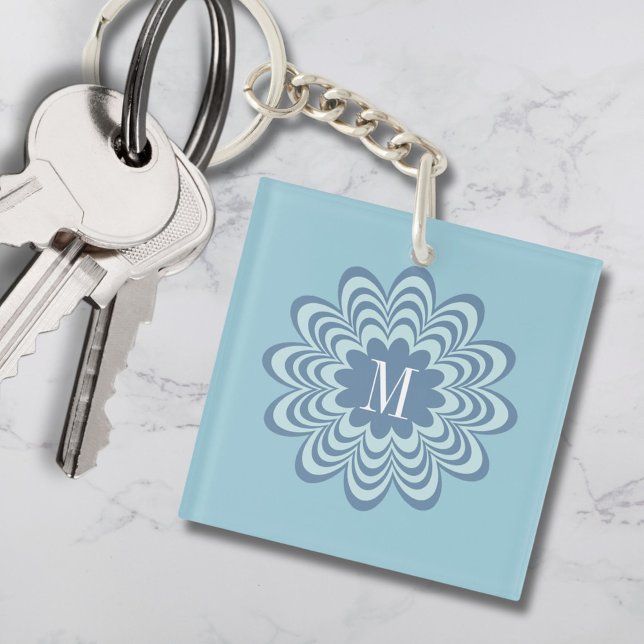 Abstract Blue Flower Custom Monogram Initial  Key Ring (Creator Uploaded)