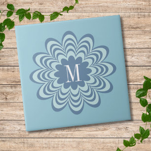 Abstract Blue Flower Custom Monogram Initial Tile