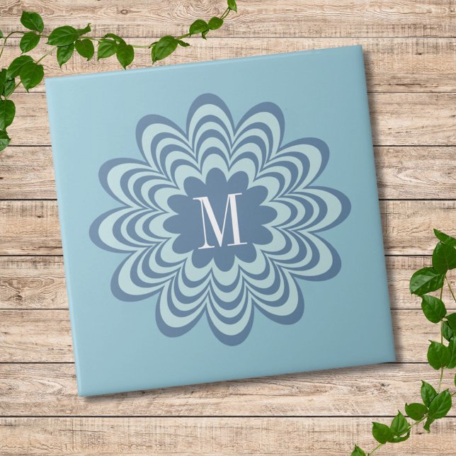Abstract Blue Flower Custom Monogram Initial  Tile (Creator Uploaded)