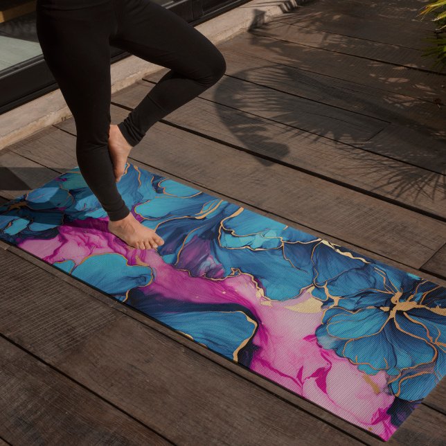 Abstract Blue Flower Golden Floral Elegant Pink Yoga Mat (Creator Uploaded)