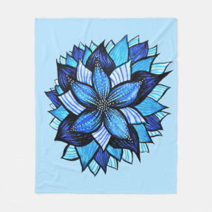 Abstract Blue Flower Pretty Floral Mandala Ink Art Fleece Blanket