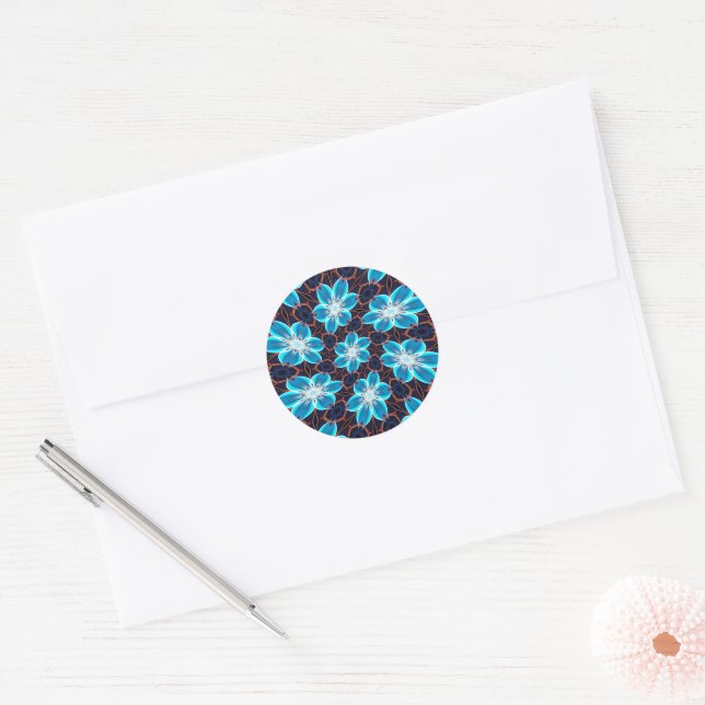 Abstract Blue Flowers Pattern Classic Round Sticker (Envelope)