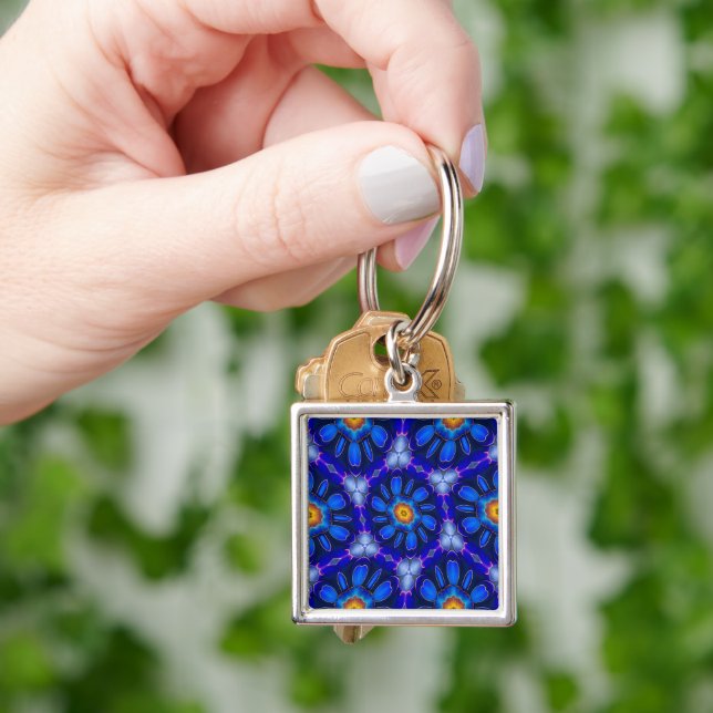 Abstract Blue Flowers Pattern Key Ring (Hand)