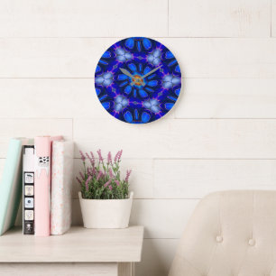 Abstract Blue Flowers Pattern Large Clock