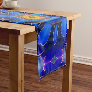 Abstract Blue Flowers Pattern Long Table Runner