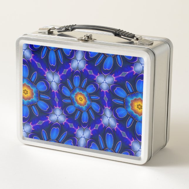 Abstract Blue Flowers Pattern Metal Lunch Box (Front)