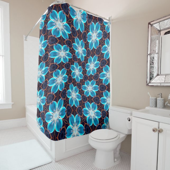 Abstract Blue Flowers Pattern Shower Curtain (In Situ)