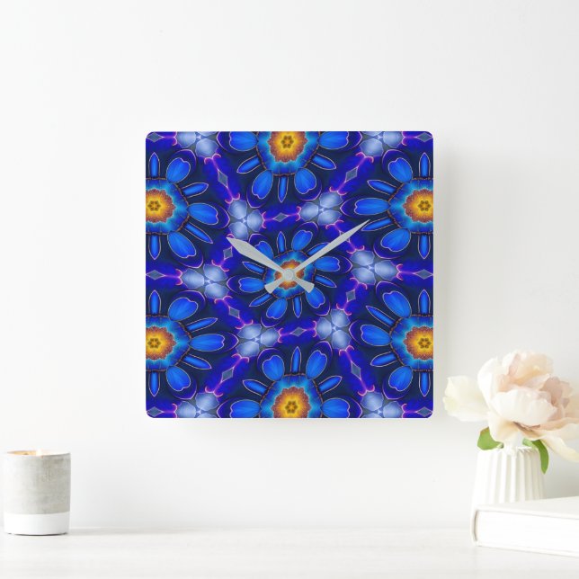Abstract Blue Flowers Pattern Square Wall Clock (Home)