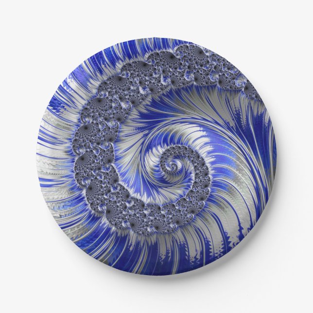 Abstract Blue Fractal Spiral Paper Plates (Front)