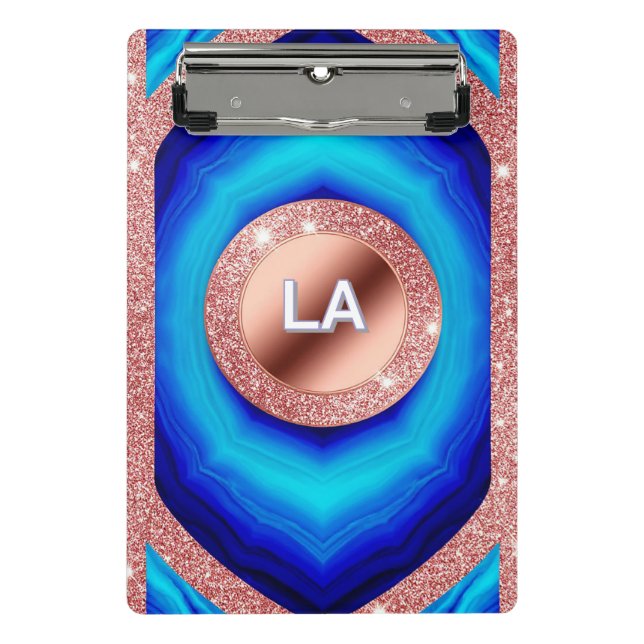 Abstract Blue Geometric Pattern with Rose Gold Mini Clipboard (Front)