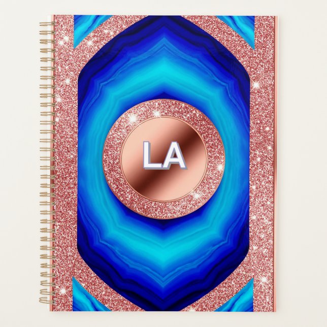 Abstract Blue Geometric Pattern with Rose Gold Planner (Front)
