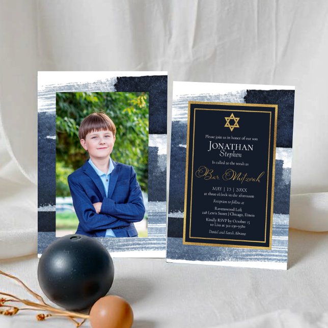 Abstract Blue Gilded Photo Bar Mitzvah Invitation (Creator Uploaded)