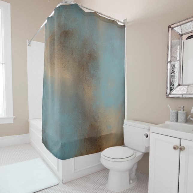 Abstract Blue Gold Contemporary Art Shower Curtain (In Situ)