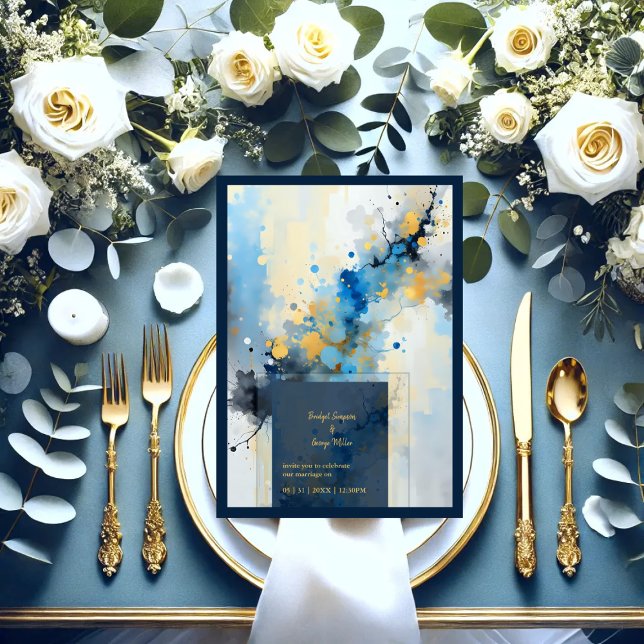 Abstract Blue & Gold Ink Splatter Artwork wedding Invitation (Creator Uploaded)