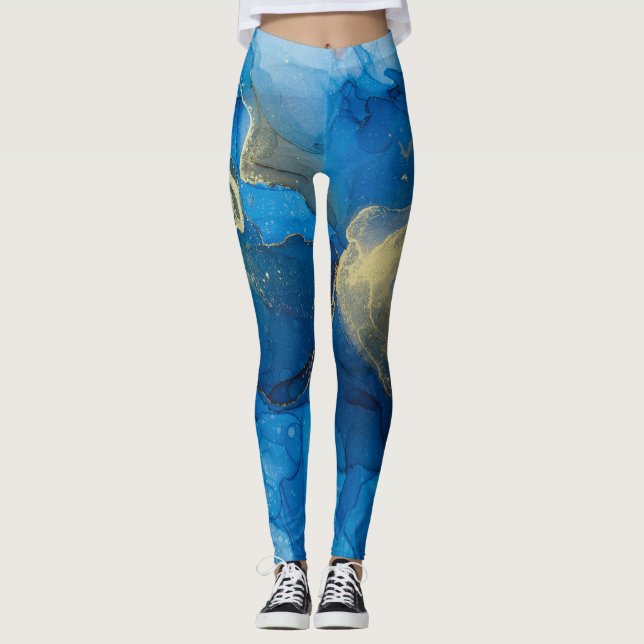 Abstract Blue Gold Marble Texture Leggings (Front)