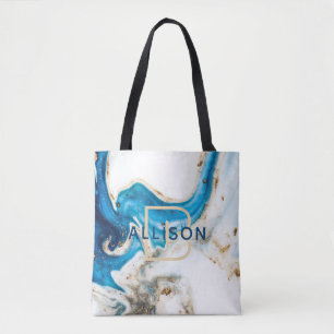 Abstract Blue Gold White Marble Monogram Tote Bag
