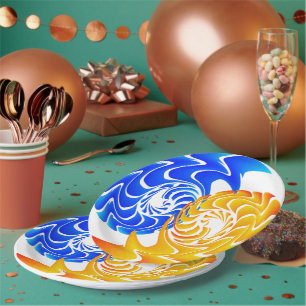 Abstract Blue Gold Yin Yang Fishes Balance Paper Plate