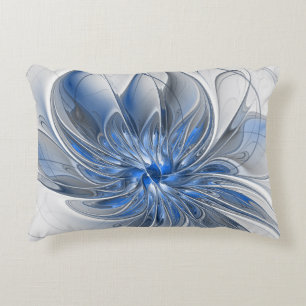 Abstract Blue Gray Watercolor Fractal Art Flower Decorative Cushion