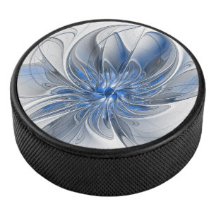 Abstract Blue Gray Watercolor Fractal Art Flower Hockey Puck