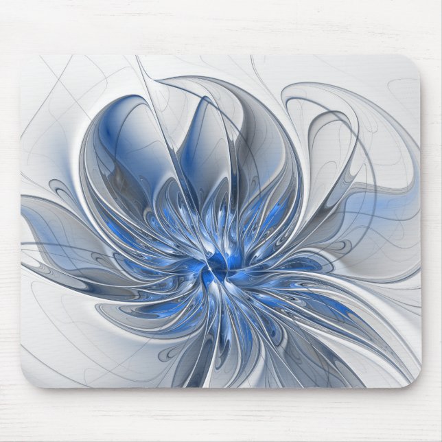 Abstract Blue Gray Watercolor Fractal Art Flower Mouse Pad (Front)