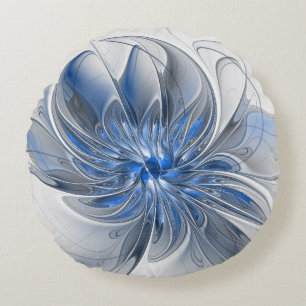 Abstract Blue Gray Watercolor Fractal Art Flower Round Cushion