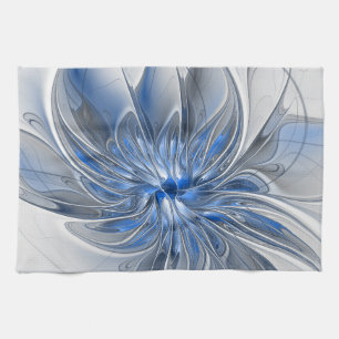 Abstract Blue Gray Watercolor Fractal Art Flower Tea Towel