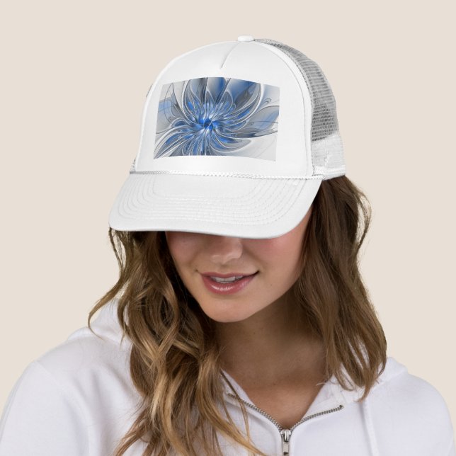 Abstract Blue Gray Watercolor Fractal Art Flower Trucker Hat (In Situ)