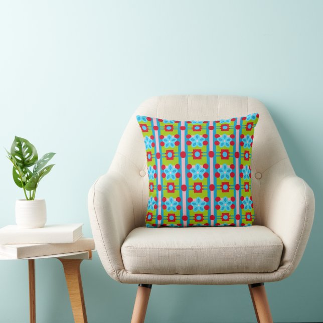 Abstract Blue Green and Pink Pattern with Flowers Cushion (Chair)