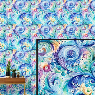 Abstract Blue Green Aqua Floral Paisley  Wallpaper