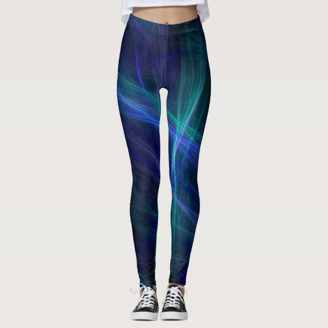 Abstract Blue Green Black Fractal Mist Leggings (Front)