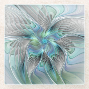 Abstract Blue Green Butterfly Fantasy Fractal Art Glass Coaster