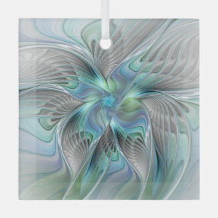 Abstract Blue Green Butterfly Fantasy Fractal Art Glass Tree Decoration