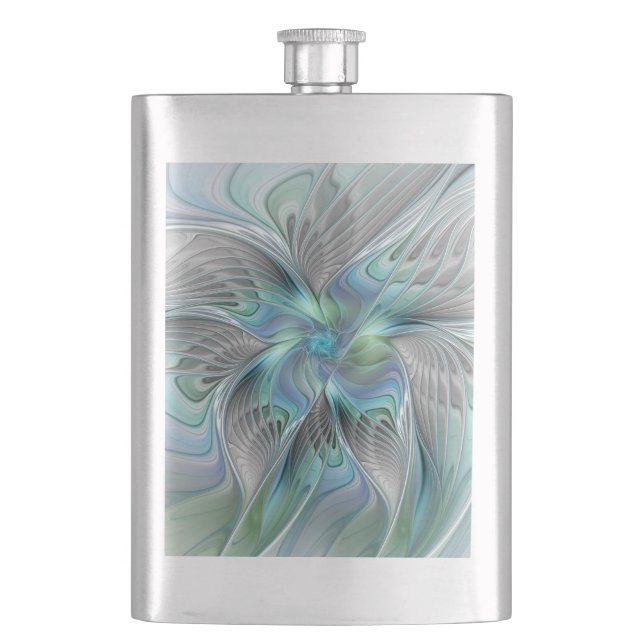 Abstract Blue Green Butterfly Fantasy Fractal Art Hip Flask (Front)