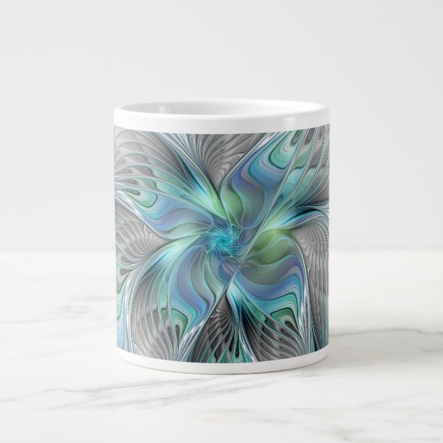 Abstract Blue Green Butterfly Fantasy Fractal Art Large Coffee Mug (Front)