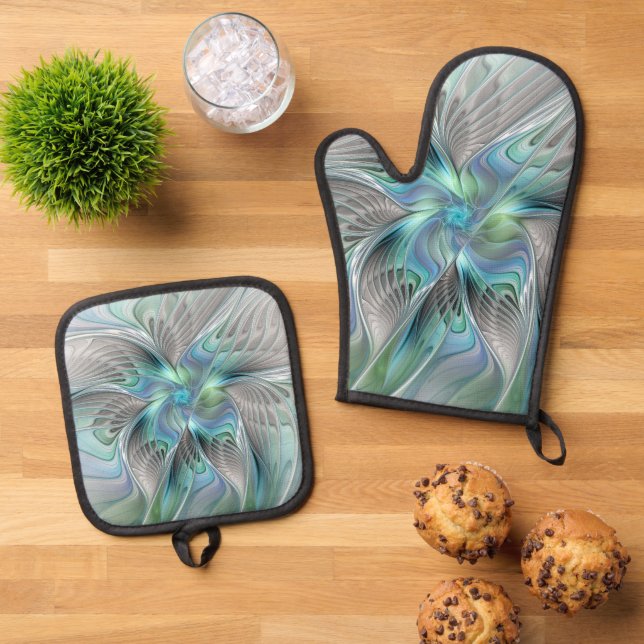 Abstract Blue Green Butterfly Fantasy Fractal Art Oven Mitt & Pot Holder Set (Top Down)