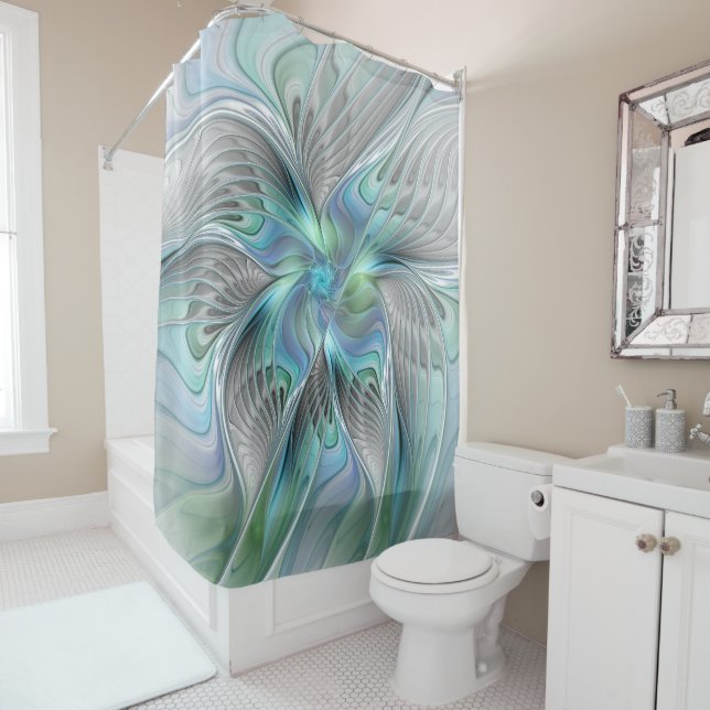 Abstract Blue Green Butterfly Fantasy Fractal Art Shower Curtain (In Situ)