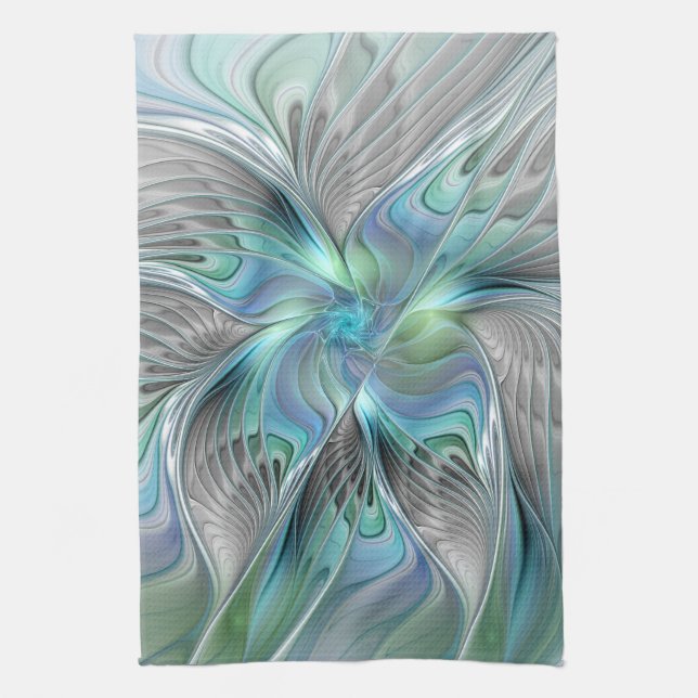Abstract Blue Green Butterfly Fantasy Fractal Art Tea Towel (Vertical)