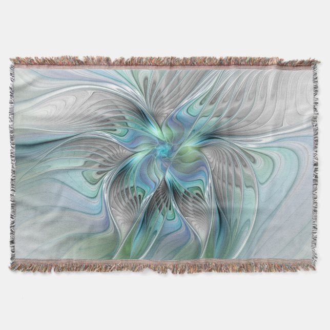 Abstract Blue Green Butterfly Fantasy Fractal Art Throw Blanket (Front)
