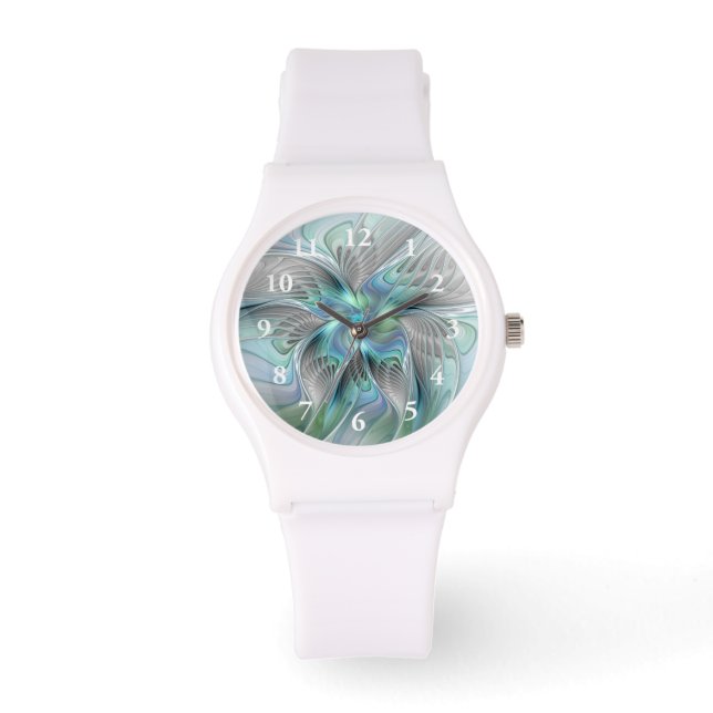 Abstract Blue Green Butterfly Fantasy Fractal Art Watch (Front)