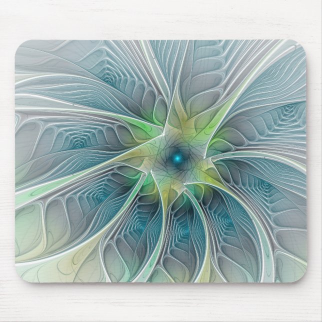 Abstract Blue Green Fractal Art Fantasy Flower Mouse Pad (Front)